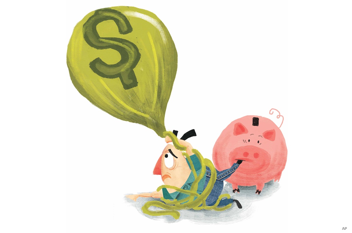 Inflation illustration with a man being carried away from his piggy bank by a balloon with a dollar sign on it