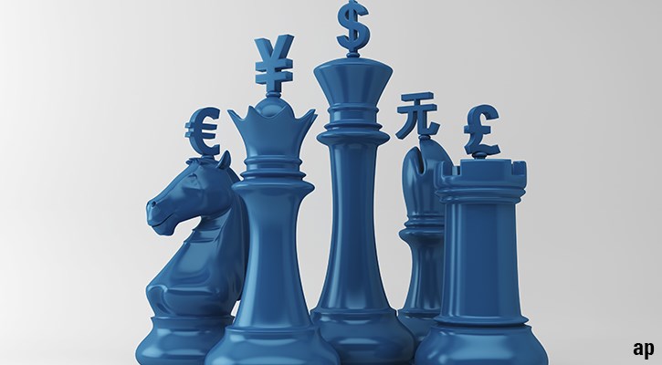 Rendered image of chess pieces representing major currencies