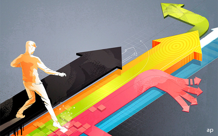 Abstract image of man walking on different-coloured arrows
